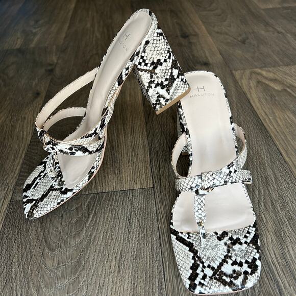 Halston Heritage Black Snakeskin Block Heeled Sandals Size 8 - Picture 1 of 6